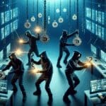 Ilustración de ciberdelincuentes manipulando cadenas de bloques digitales en un entorno oscuro y tecnológico.