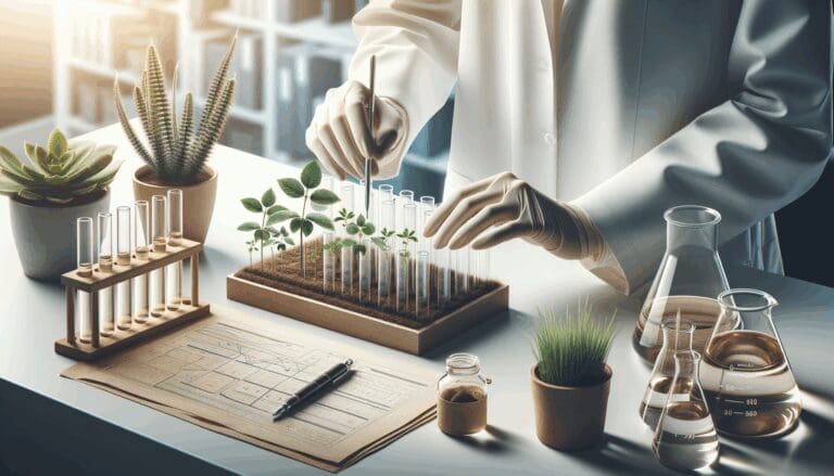 Primer plano de manos científicas trabajando con tubos de ensayo y plantas en laboratorio moderno