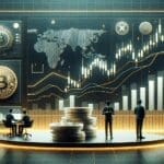 Gráfica conceptual de criptomonedas con gráficos financieros sobre fondo oscuro y moderno.