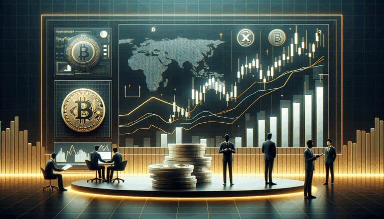 Gráfica conceptual de criptomonedas con gráficos financieros sobre fondo oscuro y moderno.