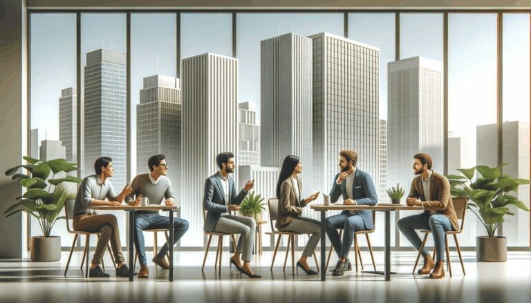 Edificios modernos de la Ciudad de México, con emprendedores conversando en un espacio colaborativo.