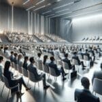 Auditorio moderno lleno de emprendedores atentos al escenario en un evento tecnológico.