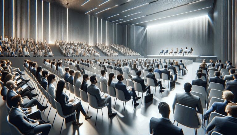 Auditorio moderno lleno de emprendedores atentos al escenario en un evento tecnológico.