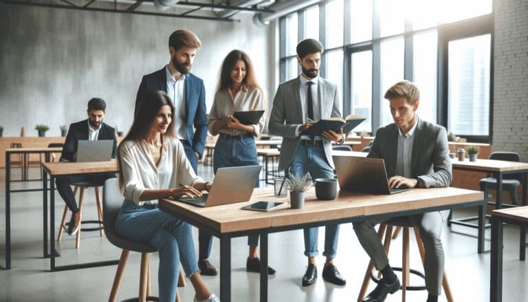 Varios emprendedores colaborando en un espacio de coworking moderno