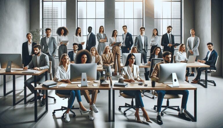 Grupo diverso de jóvenes emprendedores trabajando en una oficina moderna rodeada de tecnología.