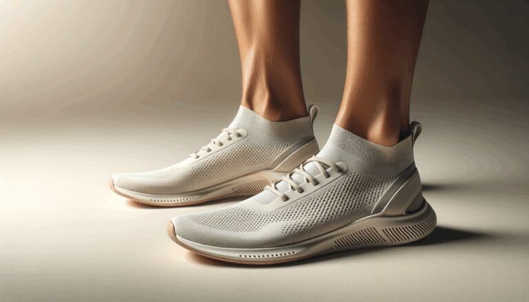 Primer plano de unas zapatillas minimalistas sobre fondo neutro, realzando su diseño ergonómico y moderno.