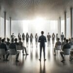 Finalistas de startups presentando sus ideas en un escenario moderno con luz natural y público atento.