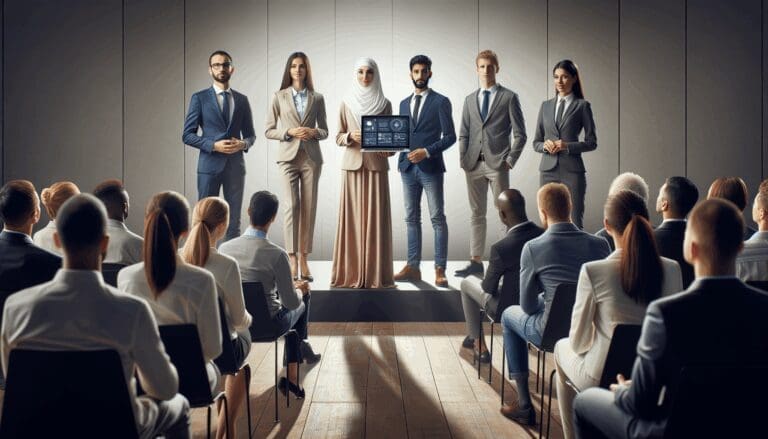 Grupo de emprendedores presentando su startup en un escenario tecnológico moderno, con público atento y ambiente profesional.