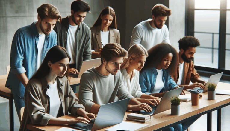 Jóvenes emprendedores reunidos en una oficina moderna trabajando en laptops, ambiente de colaboración.