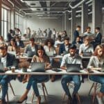 Jóvenes empresarios usando laptops en espacio de coworking moderno, ambiente colaborativo y tecnológico.