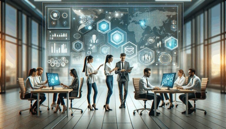 Equipo multidisciplinario trabajando con paneles digitales y gráficos futuristas en una oficina moderna.