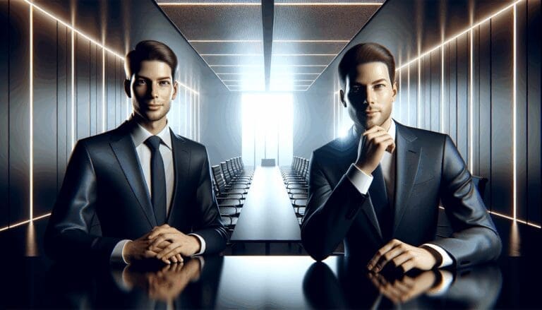 Retrato de dos líderes tecnológicos en una sala de conferencias iluminada, estilo corporativo moderno.