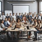 Equipo de trabajo reunido en una sala de juntas moderna con laptops y pizarras en un entorno tecnológico latinoamericano.