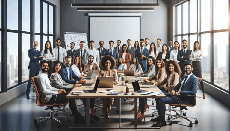 Equipo de trabajo reunido en una sala de juntas moderna con laptops y pizarras en un entorno tecnológico latinoamericano.