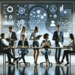 Ilustración de emprendedores colaborando frente a una pantalla con gráficos y elementos de inteligencia artificial, en un espacio moderno y luminoso.