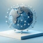 Ilustración minimalista de una red de bloques digitales sobre fondo azul, conectándose globalmente.