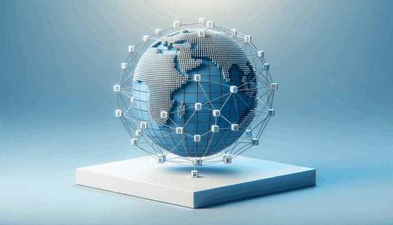 Ilustración minimalista de una red de bloques digitales sobre fondo azul, conectándose globalmente.