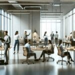 Oficinas modernas con equipos creativos colaborando en un ambiente innovador.