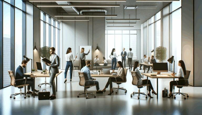 Oficinas modernas con equipos creativos colaborando en un ambiente innovador.