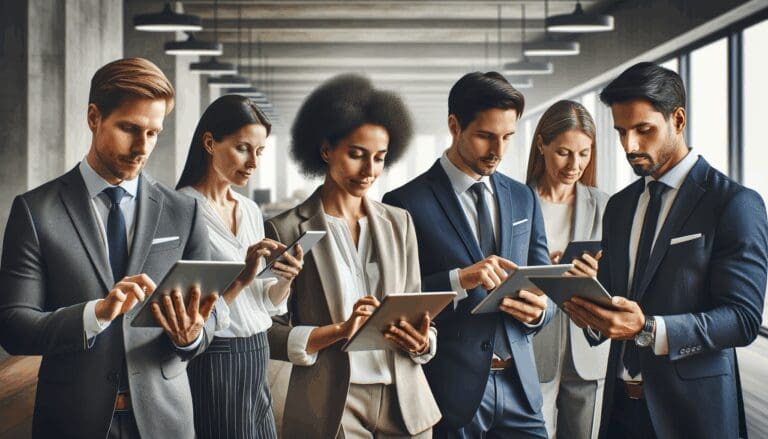 Grupo diverso de profesionales usando dispositivos digitales en una oficina moderna, reflejando colaboración y tecnología.