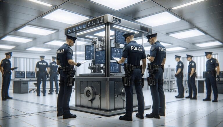 Fotografía editorial de policías revisando equipamiento tecnológico moderno en una sala luminosa.