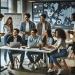 Jóvenes emprendedores colaborando en un espacio de coworking rodeados de pantallas y pizarras tecnológicas.