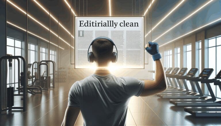 Persona entrenando con auriculares frente a una pantalla digital luminosa, ambiente moderno de gimnasio.