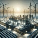 Planta tecnológica innovadora rodeada de paneles solares y turbinas eólicas, bajo cielo despejado.