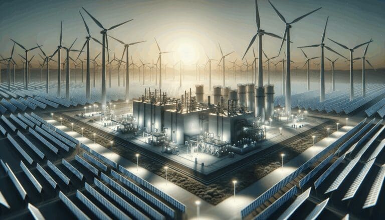 Planta tecnológica innovadora rodeada de paneles solares y turbinas eólicas, bajo cielo despejado.