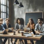 Emprendedores jóvenes colaborando en un coworking moderno, laptops y pizarras visibles.