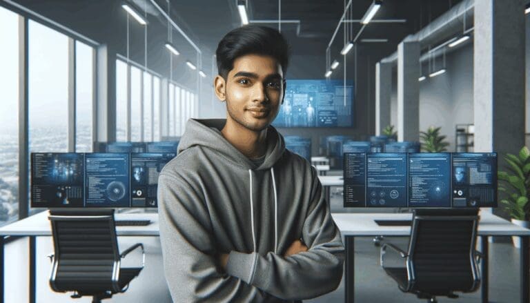 Joven programador en una oficina moderna con pantallas y gráficos digitales de fondo.