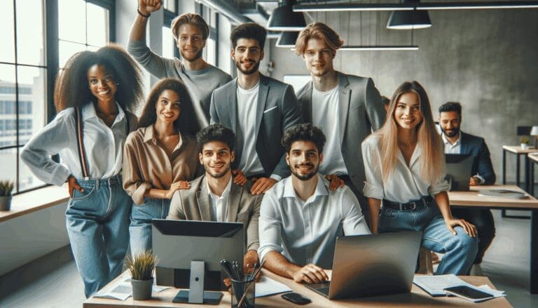 Jóvenes emprendedores trabajando juntos con computadoras en un espacio de coworking moderno.