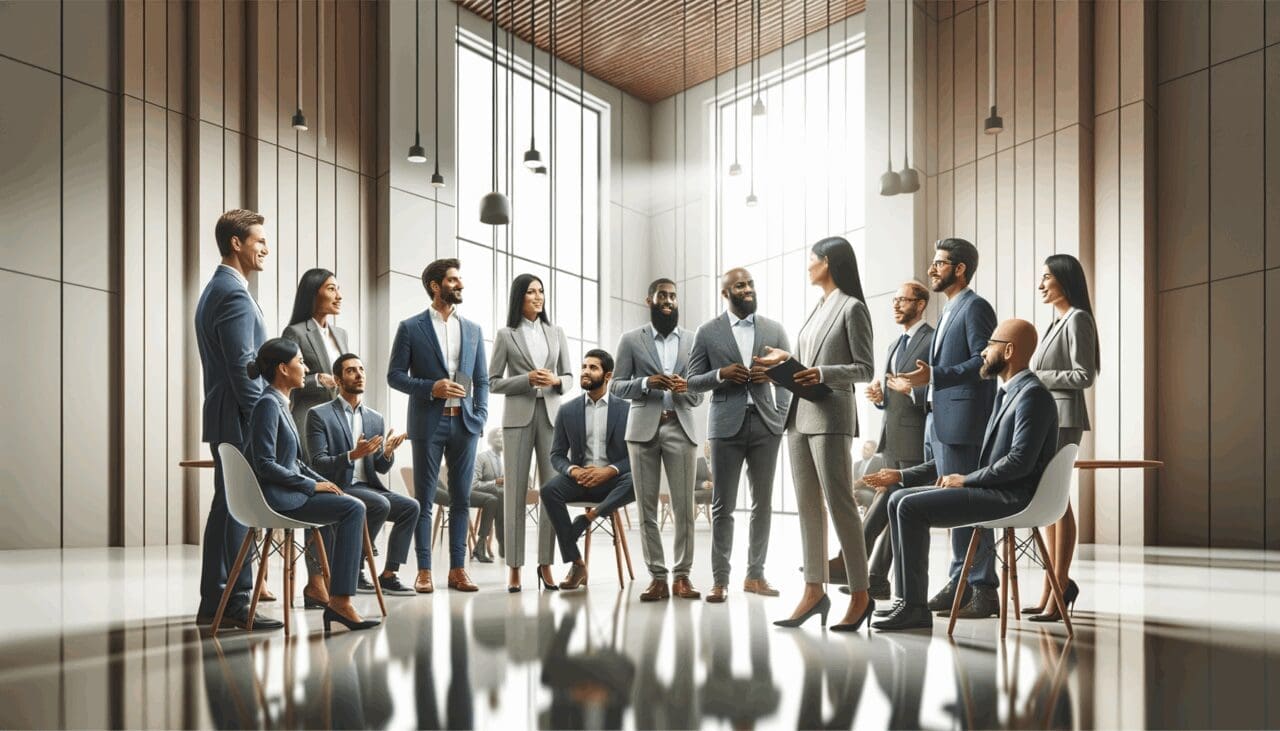 Grupo de emprendedores conversando y presentando ideas en un edificio institucional moderno iluminado.