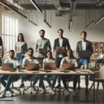 Grupo de emprendedores en un espacio de coworking colaborativo, laptops abiertas y ambiente de trabajo moderno.