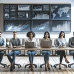 Equipo internacional trabajando sobre pantallas con gráficos digitales en una oficina moderna y luminosa.
