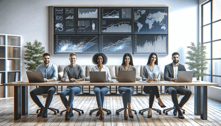 Equipo internacional trabajando sobre pantallas con gráficos digitales en una oficina moderna y luminosa.