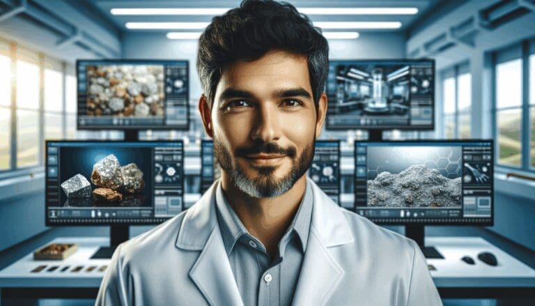 Retrato profesional de un científico latinoamericano en laboratorio tecnológico, rodeado de pantallas y muestras minerales.