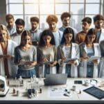 Grupo diverso de jóvenes ingenieros y científicos reunidos en laboratorio moderno con tablets y equipos médicos, luz natural y ambiente colaborativo.