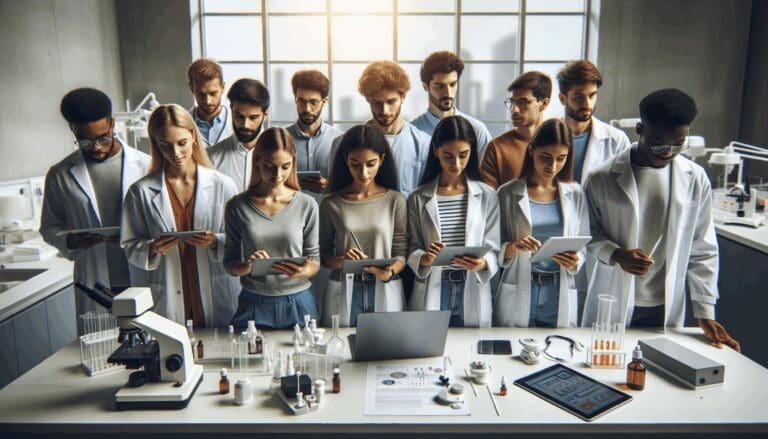 Grupo diverso de jóvenes ingenieros y científicos reunidos en laboratorio moderno con tablets y equipos médicos, luz natural y ambiente colaborativo.