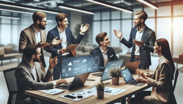 Emprendedores colaborando en una sala de reuniones moderna con dispositivos tecnológicos.