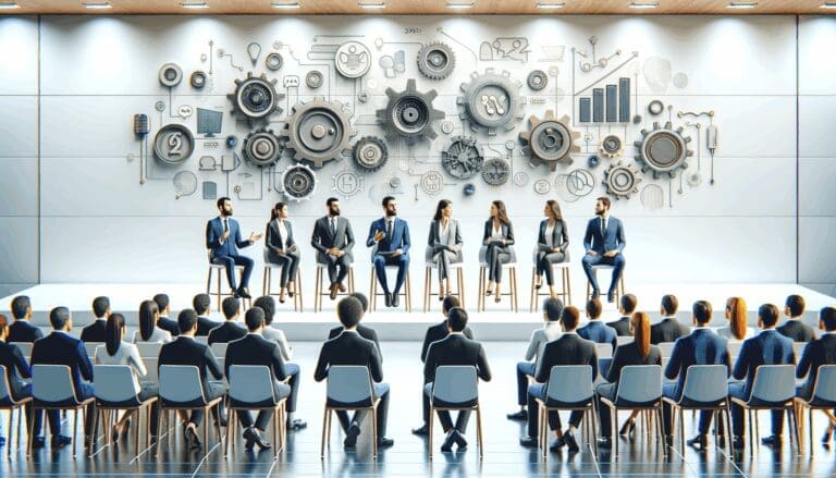 Diversos emprendedores debaten en un auditorio moderno sobre innovación tecnológica.