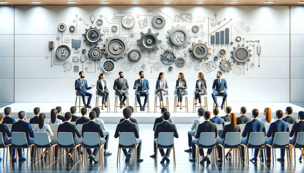 Diversos emprendedores debaten en un auditorio moderno sobre innovación tecnológica.