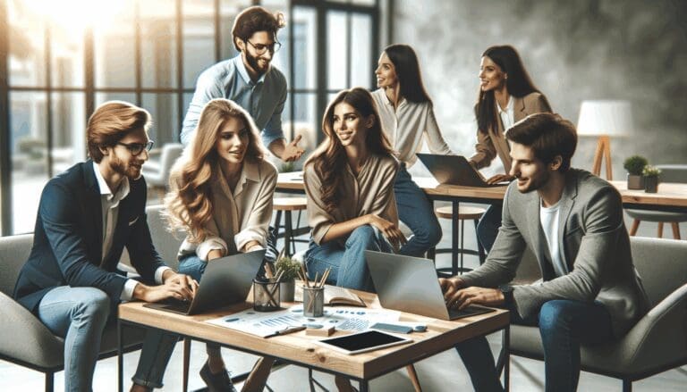 Emprendedores colaborando en un espacio de coworking moderno, rodeados de laptops y tecnología.