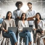 Equipo diverso reunido en una oficina moderna de tecnología, rodeados de pantallas y laptops, colaborando en un proyecto innovador.