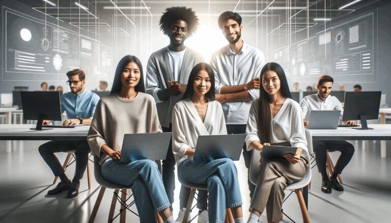 Equipo diverso reunido en una oficina moderna de tecnología, rodeados de pantallas y laptops, colaborando en un proyecto innovador.