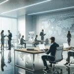 Oficinas modernas con equipos de trabajo colaborando en laptops, fondo neutro y tecnológico.