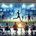 Equipo creativo en una sala con pantallas digitales mostrando estadísticas deportivas y escenas de fútbol.