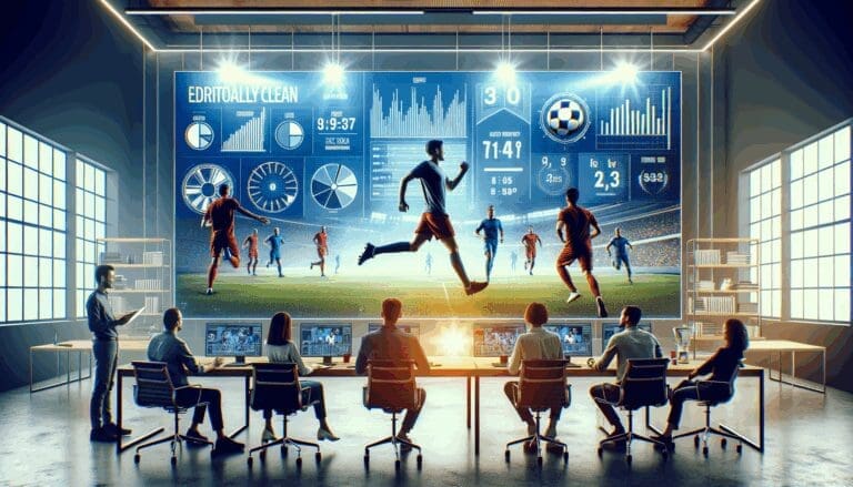 Equipo creativo en una sala con pantallas digitales mostrando estadísticas deportivas y escenas de fútbol.