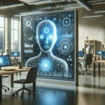 Ilustración conceptual de inteligencia artificial analizando datos sobre una pantalla digital, en una oficina moderna.