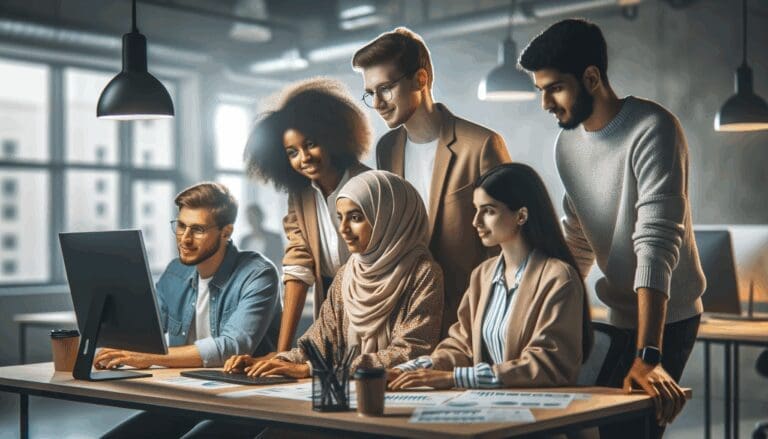 Fotografía contemporánea de jóvenes emprendedores colaborando en una oficina de coworking tecnológica.